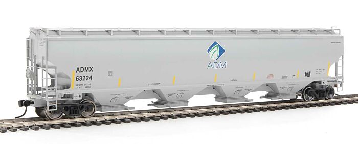 WalthersProto 105841 HO Scale - RTR 67Ft Trinity 6351 4-Bay Covered Hopper - Archer-Daniels-Midland #63469 (gray, Leaf Logo, Yellow Conspicuity Stripes)