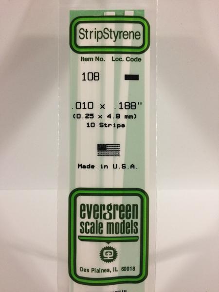 Evergreen Scale Models 108 Opaque White Polystyrene Strips 14in .010x.188 (10pcs pkg)
