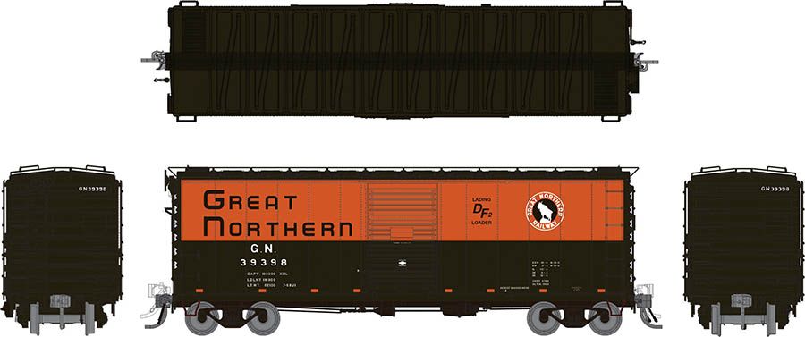 Rapido 155004-1 - HO 40Ft Boxcar w/ Early Improved Dreadnaught Ends - Great Northern (Green & Orange) #39395