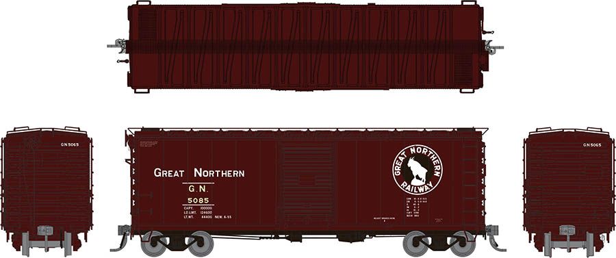 Rapido 155005-6 - HO 40Ft Boxcar w/ Late Improved Dreadnaught Ends - Great Northern (Mineral Red) #5242