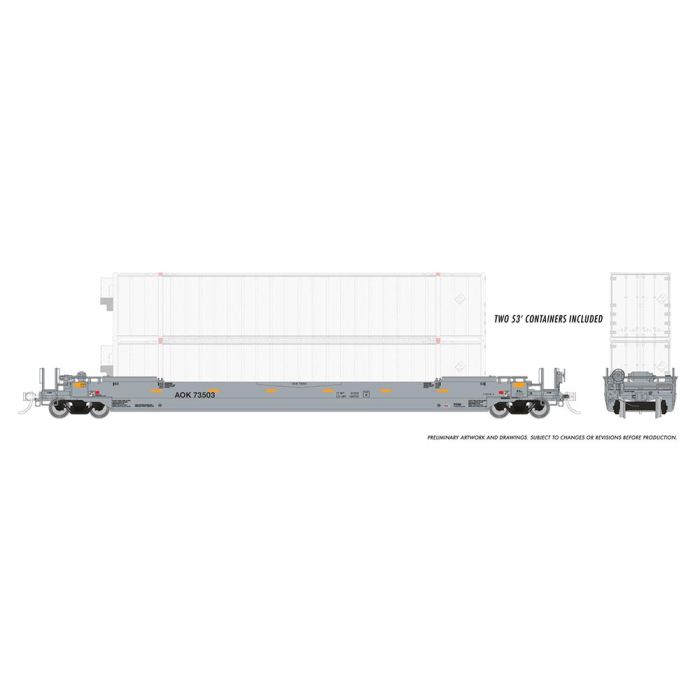 Rapido 401055-2 - HO 53Ft Gunderson Husky-Stack Well Car & Containers - Arkansas & Oklahoma AOK #73545