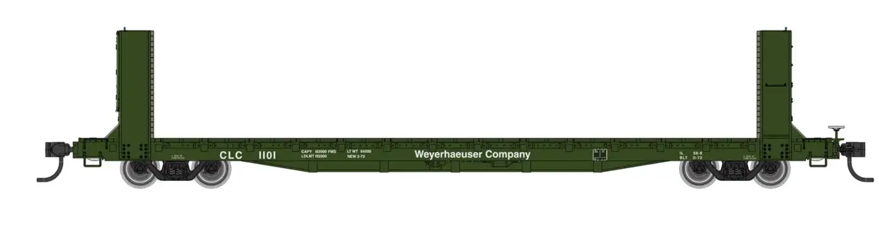 Walthers Mainline HO 5825 60ft Pullman-Standard Bulkhead Flatcar - Ready to Run -- Weyerhauser #1101