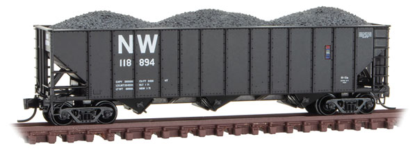Micro Trains 10800421 - N Scale 100-Ton 3-Bay Ribside Open Hopper w/Coal Load - Norfolk & Western #118894