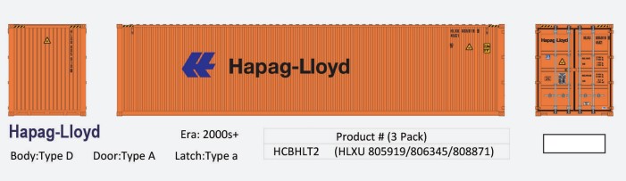 Aurora Miniatures HCBHLT2 - HO 40Ft Hi-Cube Dry Containers - Hapag-Lloyd (Small Logo) (3pk)