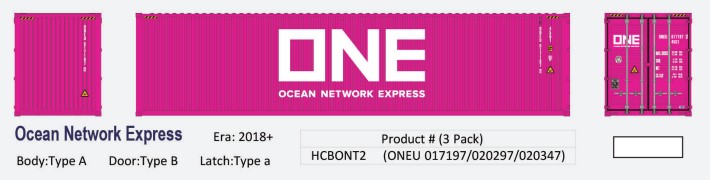 Aurora Miniatures HCBONT2 - HO 40Ft Hi-Cube Dry Containers - Ocean Network Express (ONE Pink) (3pk) Set #2
