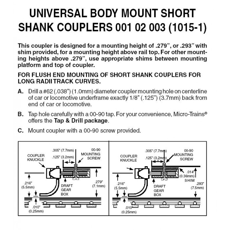 Micro Trains 001 02 003 - N Scale Assembled Universal Body Mount Couplers - Short Shank (2pair)