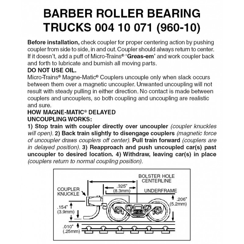 Micro Trains 004 10 071 - Z Scale Barber Roller Bearing Trucks w/Short Extension Couplers (10 pair)