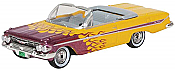 Oxford Diecast 87CI61004 HO 1961 Chevy Impala Convertible - Assembled -- Top Down (yellow, purple flames)