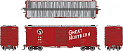 Rapido 155006 - HO 40Ft Boxcar w/ Late Improved Dreadnaught Ends - Great Northern (Chinese Red - Slanted Lettering) - 6pkg