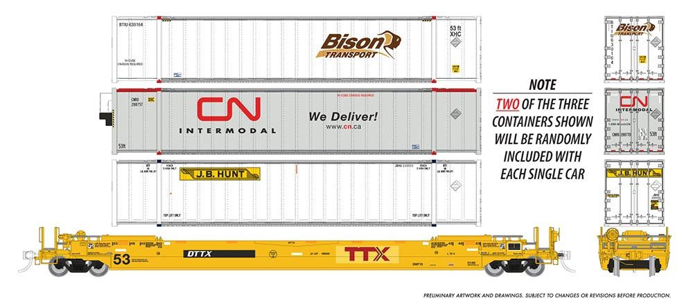 Rapido Trains 401063A - HO 53' Husky-Stack well car + containers: TTX - Patched Logo: Single Car