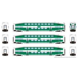 Rapido 1110001 - HO BiLevel Commuter Car: GO Transit - Late: Set #4 (Cab: 227 Coaches: 2406, 2436...
