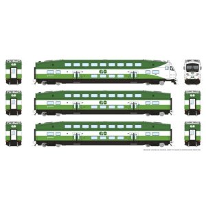 Rapido 1110045 - HO CEM BiLevel Commuter Car: GO Transit/MX: Set #1 (Cab: 302 Coaches: 4505, 4004...