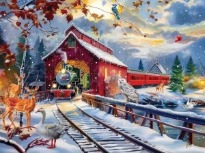 Train Enthusiast Vendors 77123 - Winter Creek Covered Railroad Bridge Jigsaw Puzzle -- 1000 Piece...