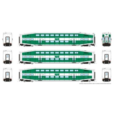 Rapido 1110002 - HO BiLevel Commuter Car: GO Transit - Late: Set #5 (Cab: 236 Coaches: 2421, 2449...