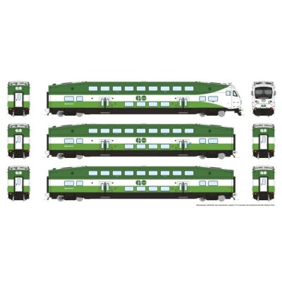 Rapido 1110046 - HO CEM BiLevel Commuter Car: GO Transit/MX: Set #2 (Cab: 311 Coaches: 4518, 4021...