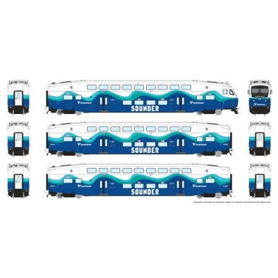 Rapido 1110050 - HO CEM BiLevel Commuter Car: Sounder: Set #1 (Cab: 321 Coaches: 422, 425)