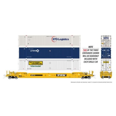 Rapido 1132006 - HO 53' Husky-Stack well car + containers (US): TTX - As Delivered: 3-Pack