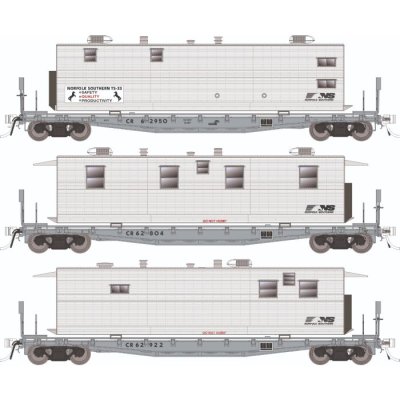 Rapido 138109 - HO F30A 50' Flat Car w/Camp Van: NS - MOW: 3-Pack #2 - Car numbers: #62950 (Offic...
