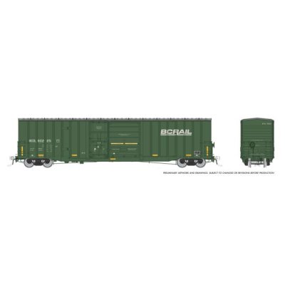 Rapido 191004-5 - HO Trenton Works 6637cuft boxcar: BC Rail - faded w/conspicuity stripes, faded:...