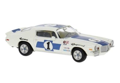 Brekina 19921 - HO Scale 1966 Chevrolet Camaro - Assembled -- Chapparral #1 (white, blue)