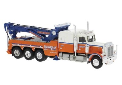Brekina 86277 - HO Scale Peterbilt 359 Heavy-Duty Tow Truck - Assembled -- Suburban (orange, blue...