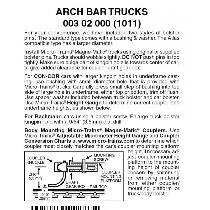 Micro Trains 003 02 000 - N Scale Arch Bar Trucks w/o couplers (1pair)