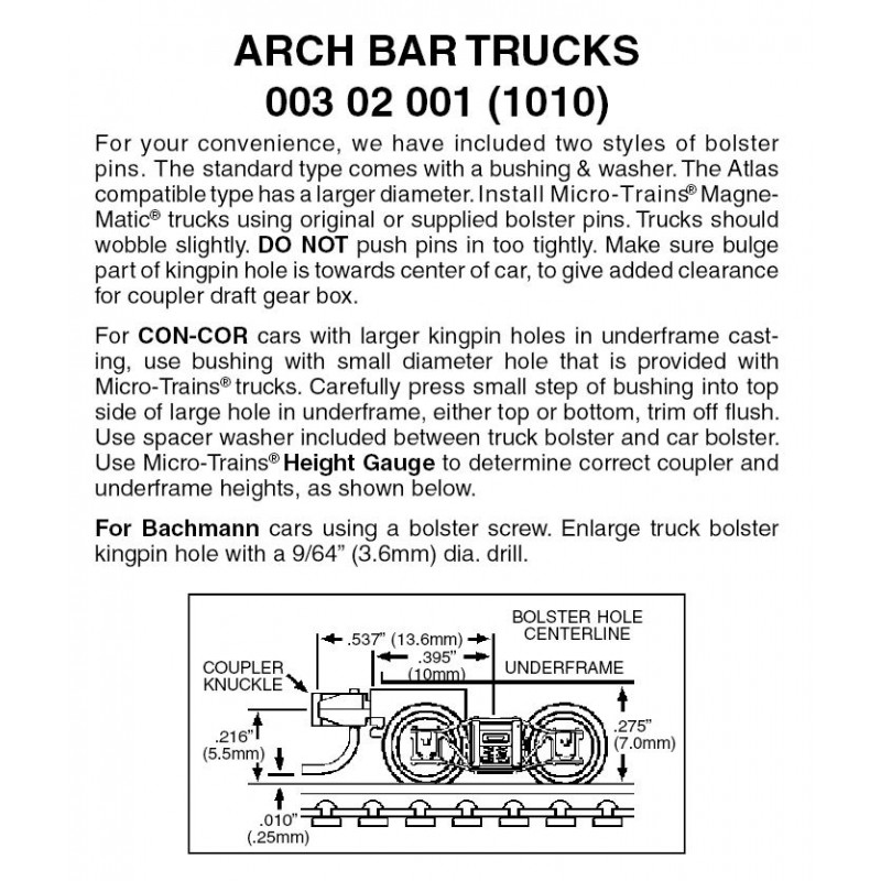 Micro Trains 003 02 001 - N Scale Arch Bar Trucks w/short ext. couplers (1pair)