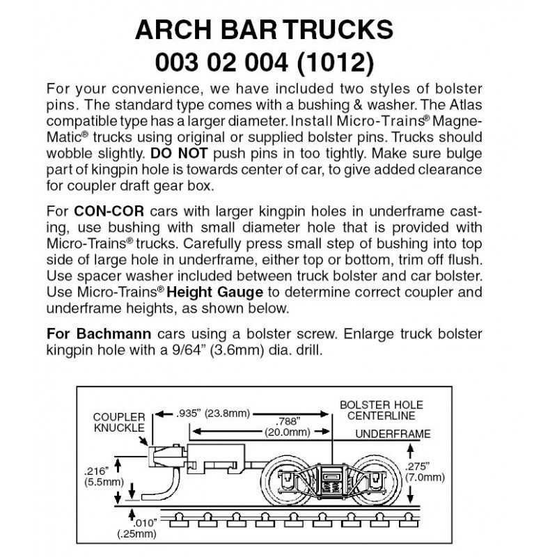 Micro Trains 003 02 004 - N Scale Arch Bar Trucks w/ long ext. couplers (1pair)