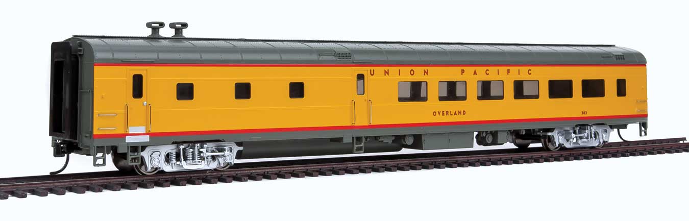 WalthersProto 18103 - HO Scale 85 ACF 48-Seat Diner - Union Pacific 302 Overland (Heritage Fleet; Armour Yellow, gray, red)