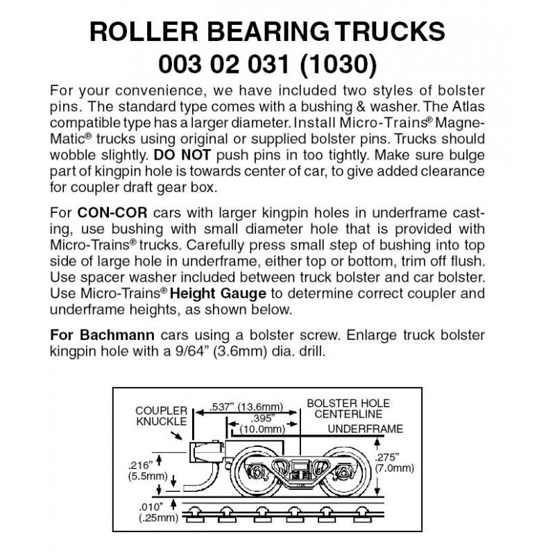 Micro Trains 003 02 031 - N Scale Roller Bearing Trucks with short ext. couplers (1pair)