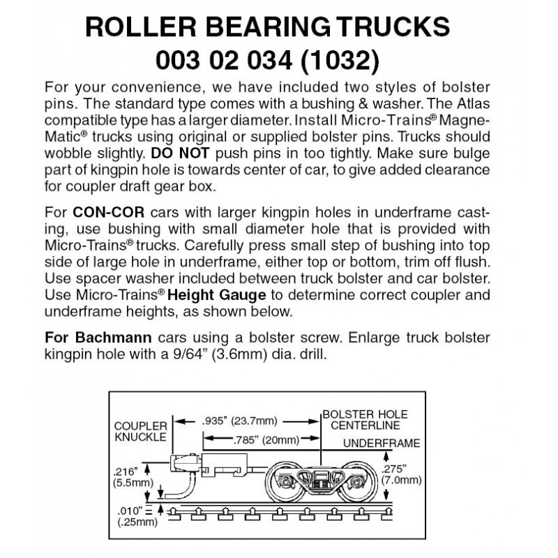 Micro Trains 003 02 034 - N Scale Roller Bearing Trucks w/ long ext. couplers (1pair)