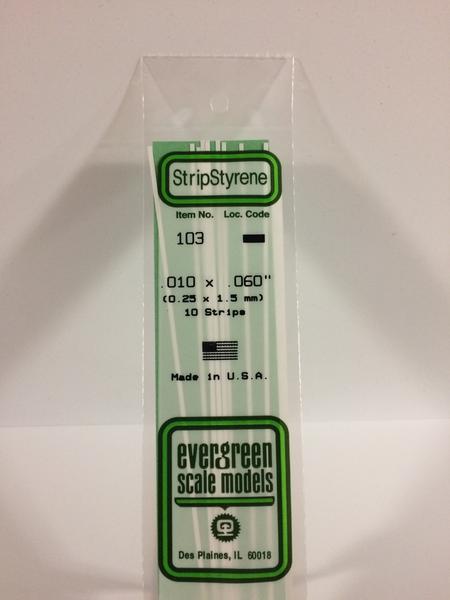 Evergreen Scale Models 103 Opaque White Polystyrene Strips 14in .010x.060 (10pcs pkg)