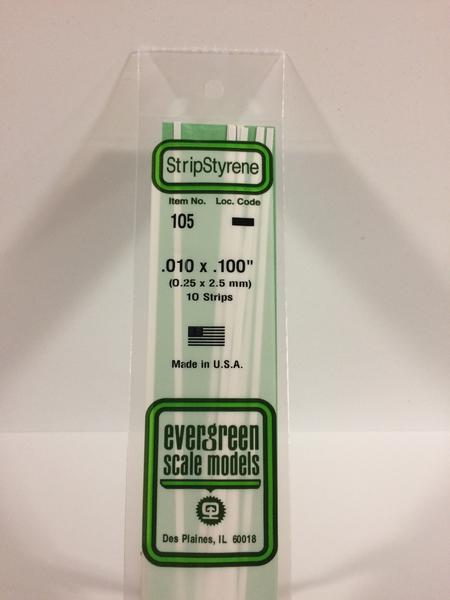Evergreen Scale Models 105 Opaque White Polystyrene Strips 14in .010x.100 (10pcs pkg)