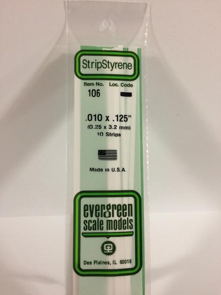 Evergreen Scale Models 106 Opaque White Polystyrene Strips 14in .010x.125 (10pcs pkg)
