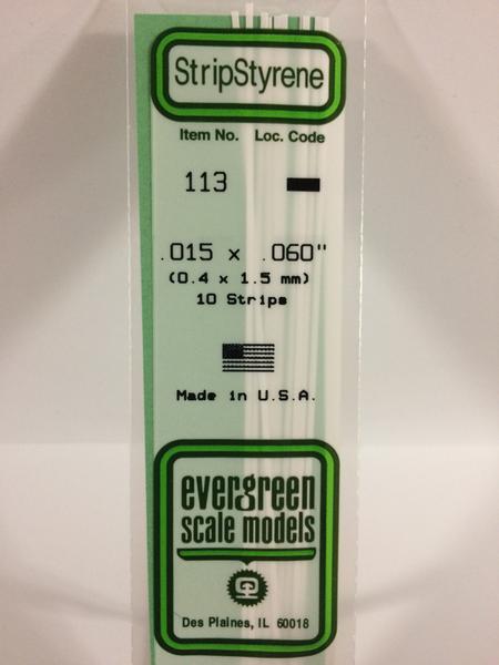 Evergreen Scale Models 113 Opaque White Polystyrene Strips 14in .015x.060 (10pcs pkg)