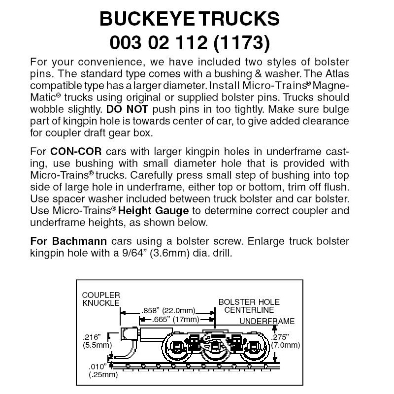 Micro Trains 003 02 112 - N Scale Buckeye 6-wheel Trucks w/ med. ext. couplers (1pair)