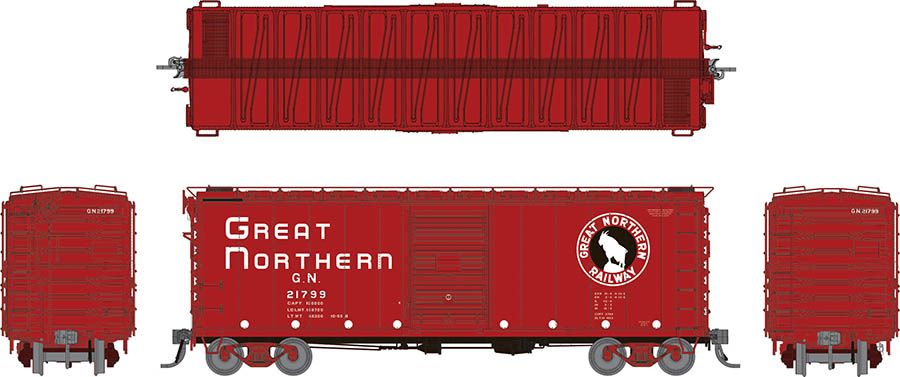 Rapido 155002-4 - HO 40Ft Boxcar w/ Early Improved Dreadnaught Ends - Great Northern (Chinese Red) #21778