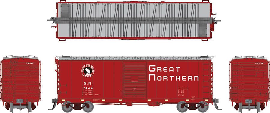 Rapido 155008-2 - HO 40Ft Boxcar w/ Late Improved Dreadnaught Ends - Great Northern (Chinese Red) #5144