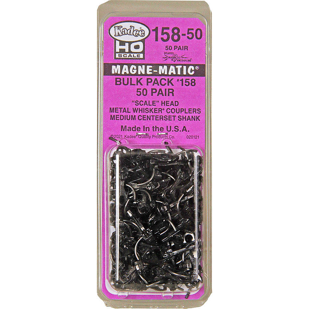 Kadee 158-50 - HO Whisker Scale Self-Centering Knuckle Couplers - Magne-Matic - Medium 9/32in Centerset Shank with #242 Draft Gear Boxes - 50 Pack