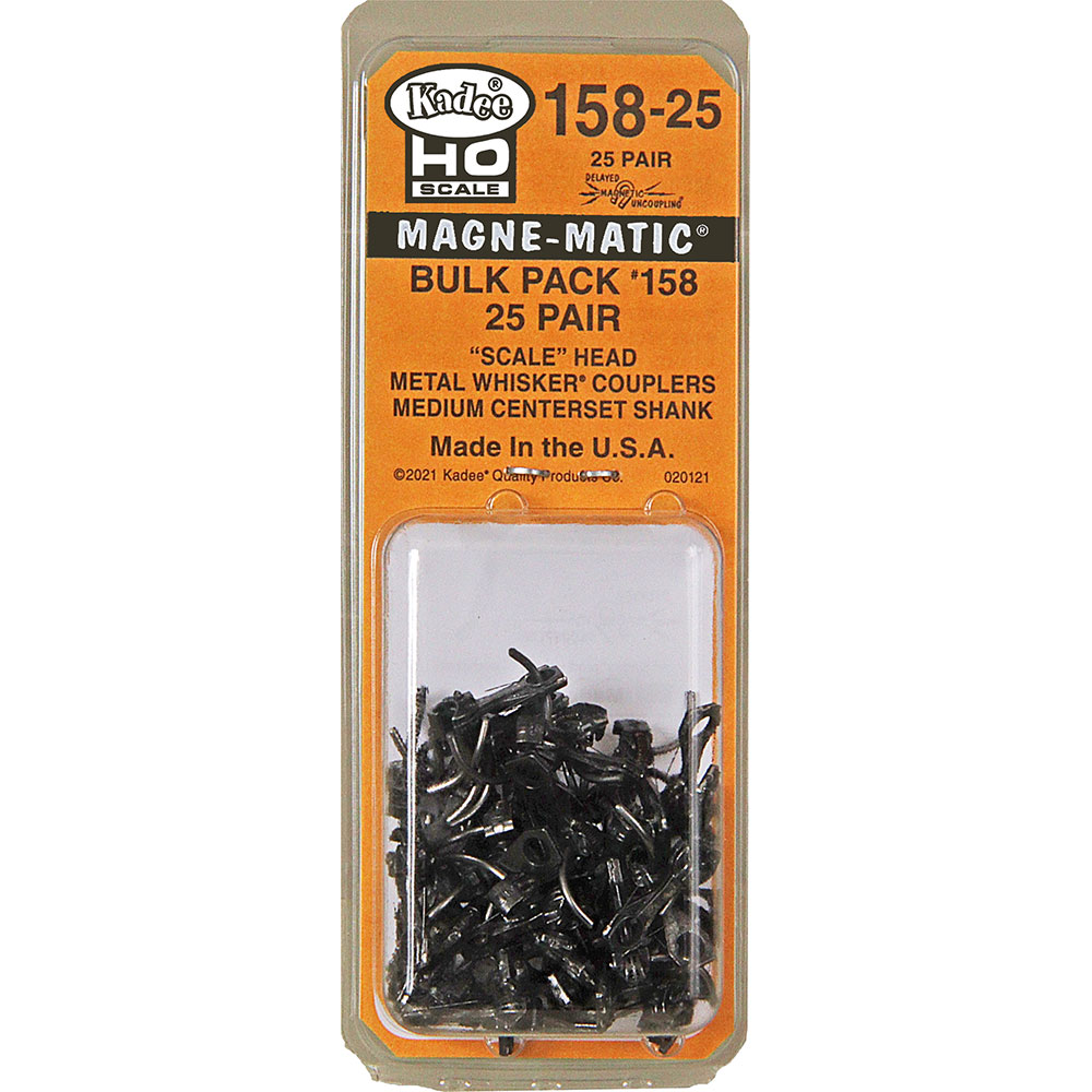 Kadee 158-25 - HO Whisker Scale Self-Centering Knuckle Couplers - Magne-Matic - Medium 9/32in Centerset Shank with #242 Draft Gear Boxes - 25 Pack