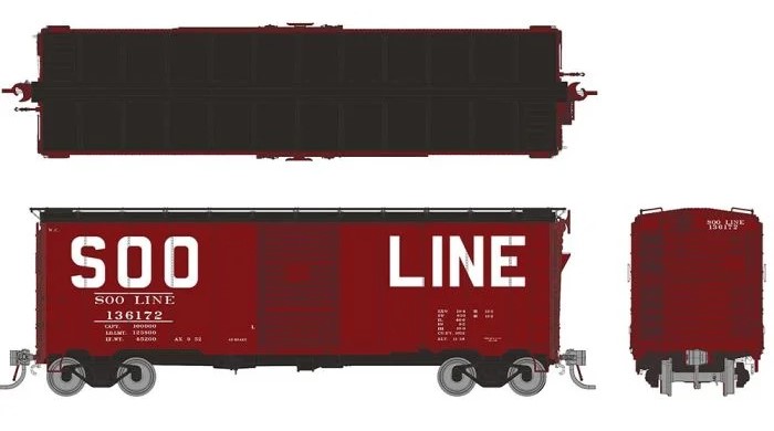 Rapido 180002-3 - HO 1937 AAR 40Ft Boxcar - Square Corner Ends - SOO Line #136144