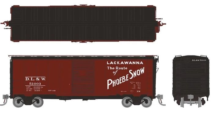 Rapido 181002-3 - HO 1937 AAR 40Ft Boxcar - Round Corner Ends - Lackawanna (DL&W Phoebe Show) #51028