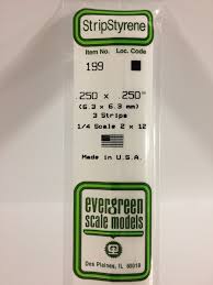 Evergreen Scale Models 199 Opaque White Polystyrene Strips 14in .250x.250 (3pcs pkg)