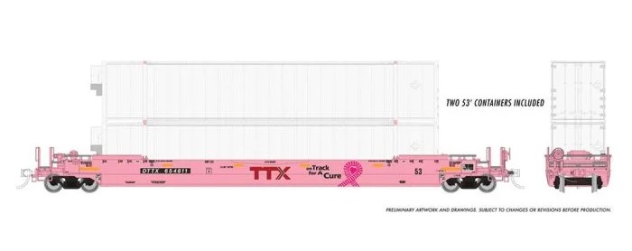 Rapido 401054 - HO 53Ft Gunderson Husky-Stack Well Car & Containers - TTX (On Track for a Cure) #654811