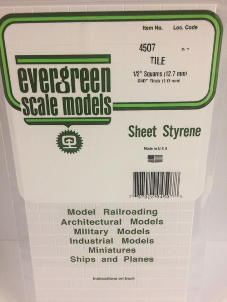 Evergreen Scale Models 4507 - 1/2in x 1/2in Opaque White Polystyrene Square Tile (1sheet)