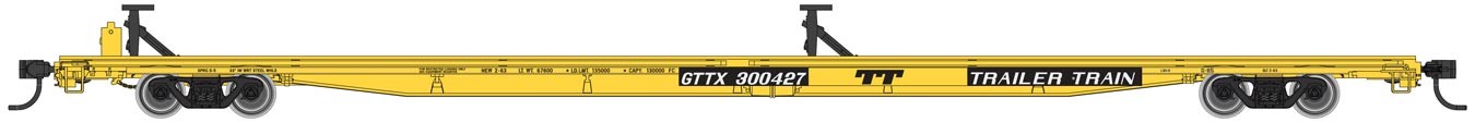 Walthers Mainline 5504 - HO RTR - 85ft General American G85 Flatcar - Trailer Train - GTTX - Yellow #300438
