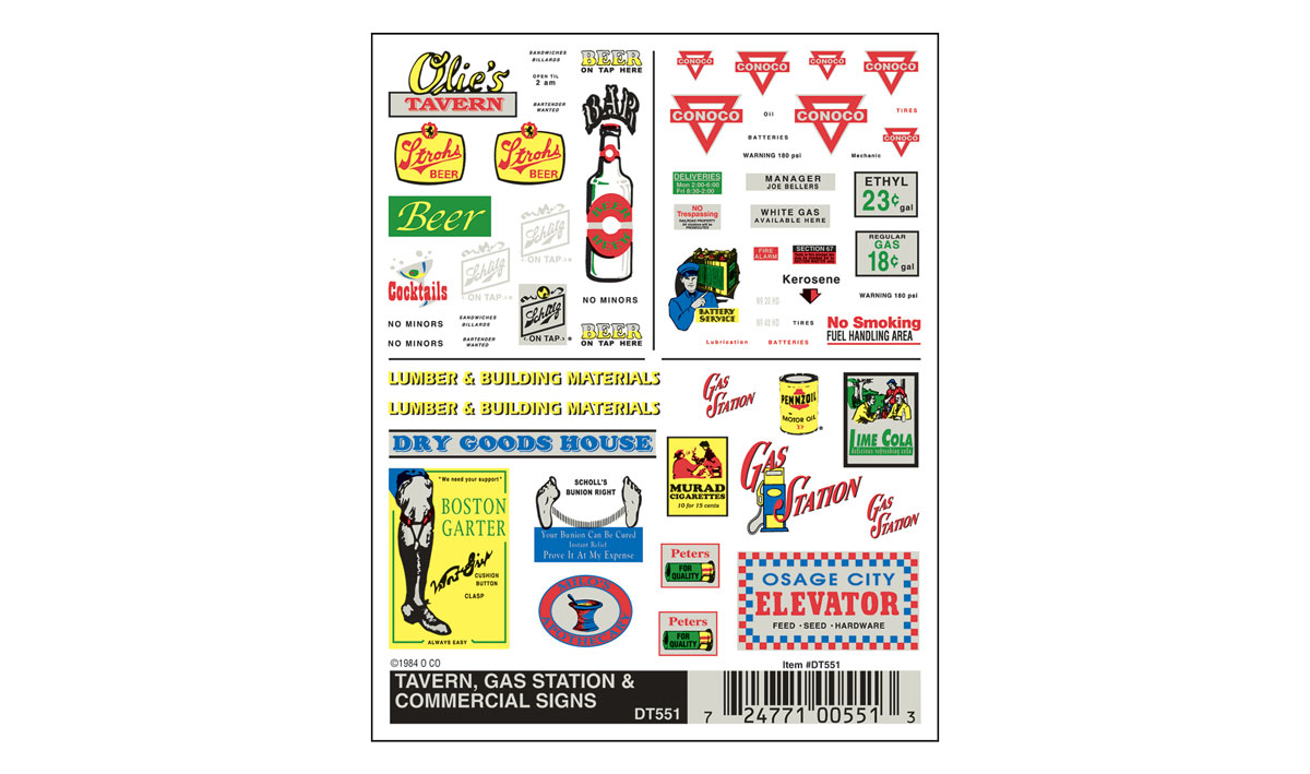 Woodland Scenics 551 HO Scale - Dry Transfer Signs - Tavern, Gas Station & Commercial