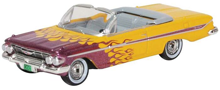 Oxford Diecast 87CI61004 - HO 1961 Chevy Impala Convertible - Assembled - Top Down (yellow, purple flames)