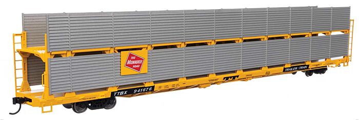 Walthers Mainline 8119 - HO 89Ft Flatcar w/Bi-Level Shielded Auto Rack - Milwaukee Road Rack / Trailer-Train Flatcar TTBX #941676