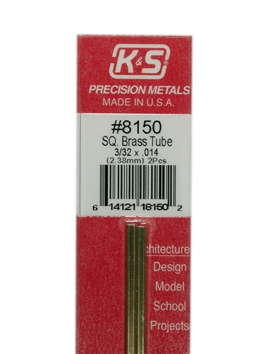 K&S Engineering 8150 All Scale - 3/32 inch OD Square Brass Tube 0.014inch Thick x 12inch Long (2 pkg)